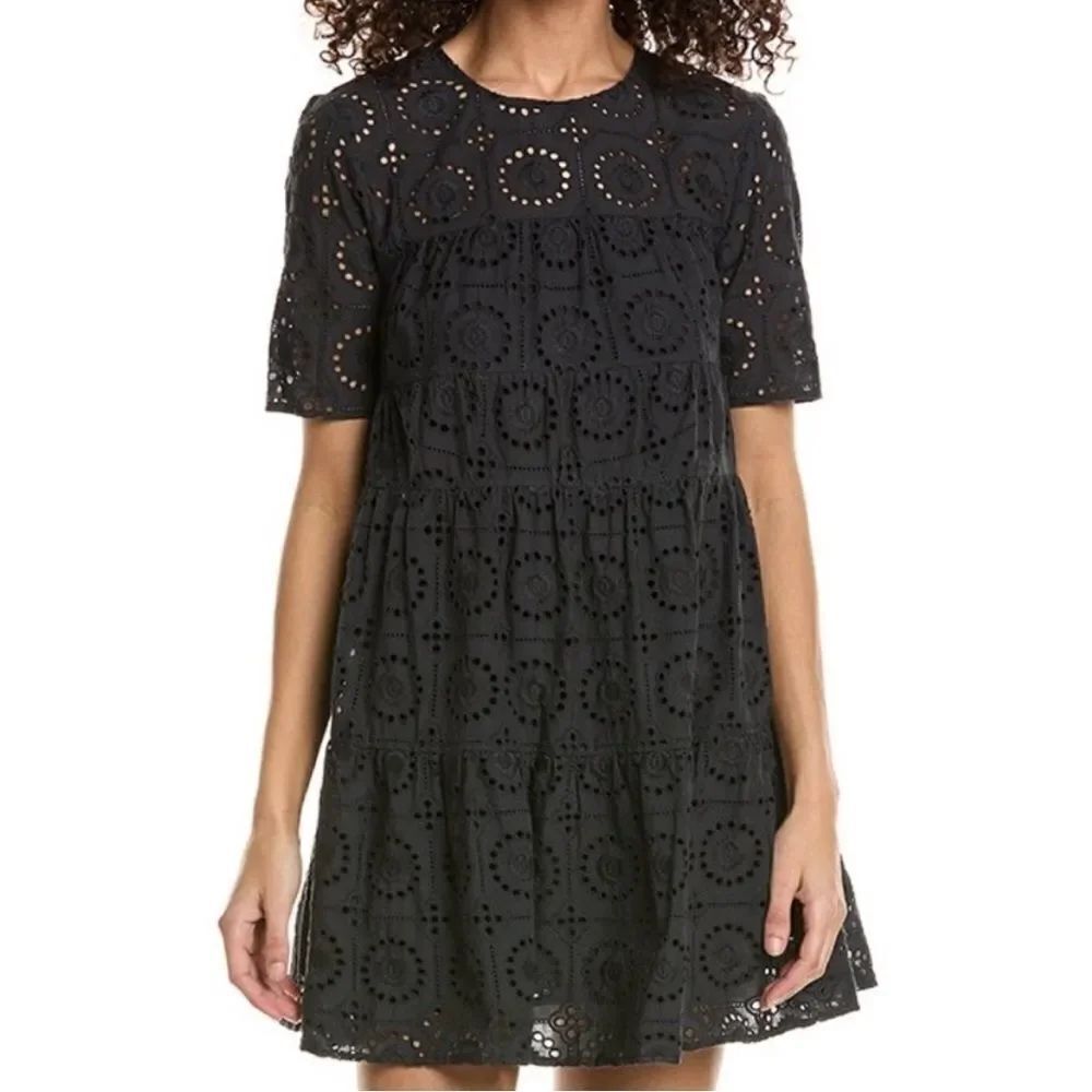 Staud Hyacinth Embroidered Eyelet Babydoll Mini Dress Black Short Sleeve SIZE SM